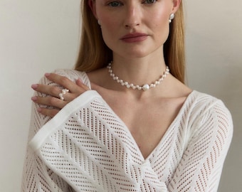 White Button Pearl Choker: 925 Sterling Silver, Minimalist Bridal Necklace