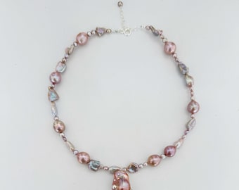 Sterling Silver Purple Baroque Necklace, Purple Baroque Pearl Charm