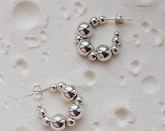 Sterling Silver Bubble Crescent Moon Hoop Earrings, Celestial Moon Luna Earrings