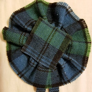 May include: A blue, green and black tartan fabric rosette with a frayed edge.