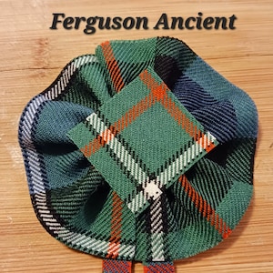 Ferguson Ancient Tartan, Scottish Blossom, Wool Tartan Rosette to display pin,