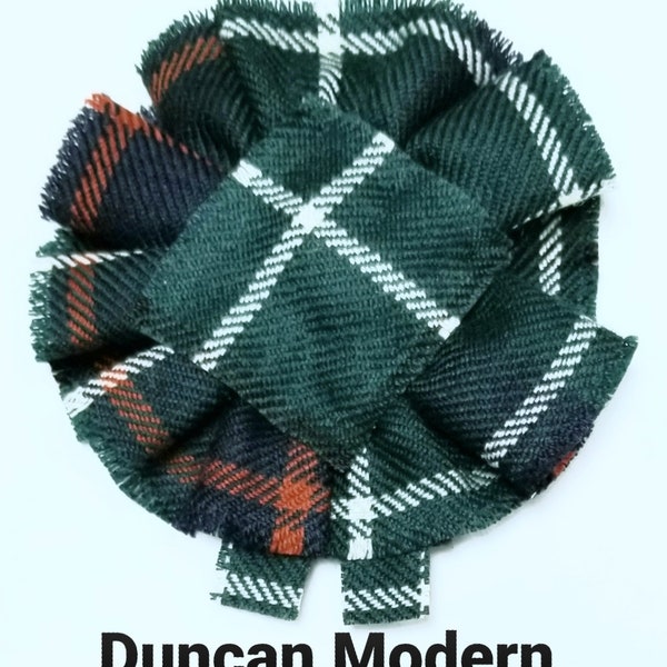 Duncan Modern Tartan, Scottish Blossom, Wool Tartan Rosette to display pin, broach or family clan badge.