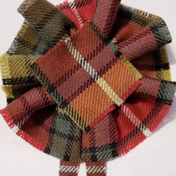 Buchanan Weathered Tartan as a Scottish Blossom, Wool Tartan Rosette to display pin, broach or family clan badge.