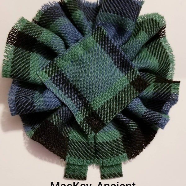 MacKay Ancient Tartan as Scottish Blossom, Wool Tartan Rosette to display pin, broach or family clan badge.