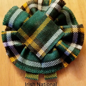 Irish National Tartan, Scottish Blossom, Wool Tartan Rosette to display pin, broach or family clan badge.
