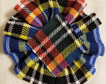 Può includere: Un papillon di stoffa a quadri colorati con un bordo arricciato. Il papillon è realizzato in tessuto tartan con strisce rosse, blu, gialle, verdi e bianche.