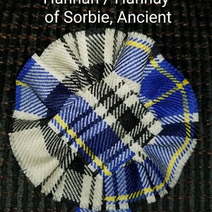 Hannay/Hanna Ancient Tartan as Scottish Blossom, Tartan Rosette, to display brooch, pin or family crest badge.