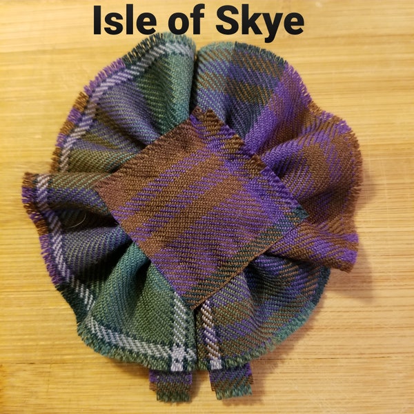 Isle of Skye Tartan as Scottish Blossom, Tartan Rosette, to display brooch, pin or family crest badge.