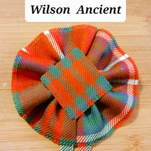Wilson Ancient, Scottish Blossom, Wool Tartan Rosette to display pin, broach or family clan badge.