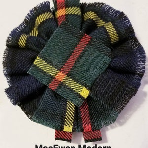 MacEwan Modern Tartan as Scottish Blossom. Wool Tartan Rosette to display pin, broach or family clan badge.