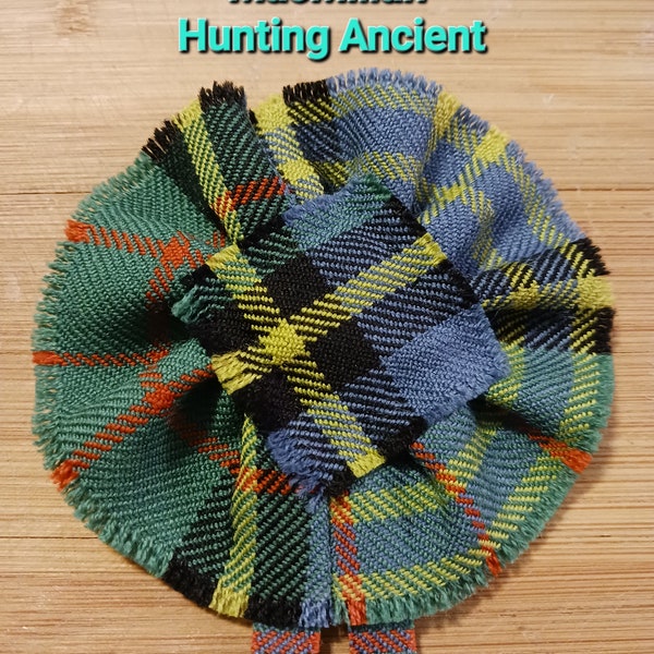 MacMillan Hunting Ancient Tartan as Scottish Blossom. Wool Tartan Rosette to display pin, broach or family clan badge.