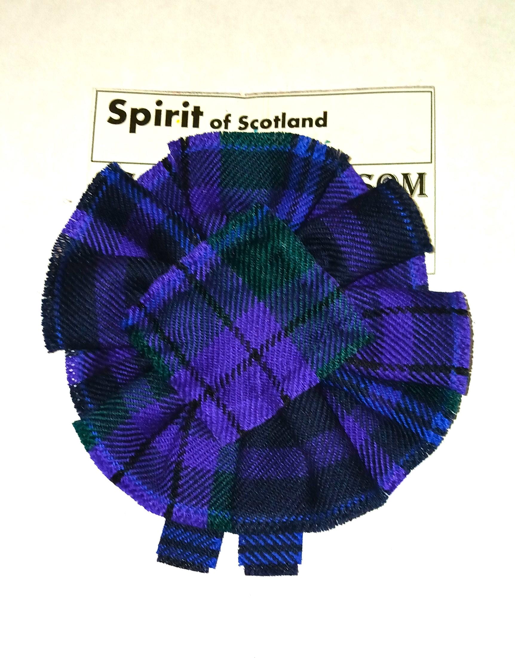 Spirit of Scotland Tartan as Scottish Blossom, Tartan Rosette, to display brooch, pin or family crest badge.