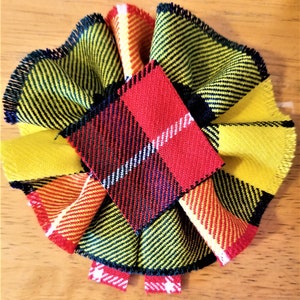 Buchanan Modern Tartan, Scottish Blossom, Wool Tartan Rosette to display pin, broach or family clan badge.