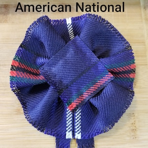 American National Tartan as Scottish Blossom, Tartan Rosette, to display brooch, pin or family crest badge.