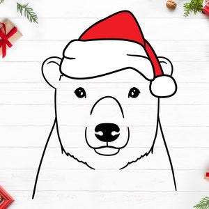 May include: A black and white line drawing of a polar bear wearing a red and white Santa hat. The bear has a black nose and eyes. The image is a festive holiday design.