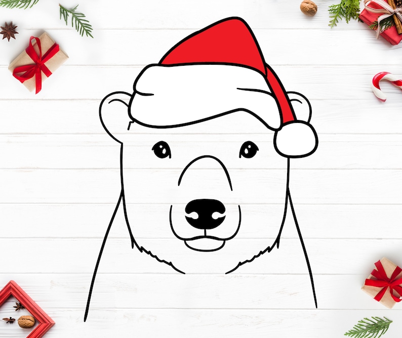 May include: A black and white line drawing of a polar bear wearing a red and white Santa hat. The bear has a black nose and eyes. The image is a festive holiday design.