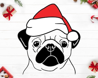 Christmas Pug SVG, Christmas svg, Pug cut file, Christmas hat clip art, Santa Hat cut file, Pug svg, Christmas Animal clip art, Animal face.