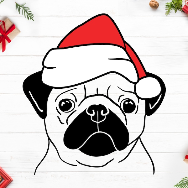 Christmas Pug SVG, Christmas svg, Pug cut file, Christmas hat clip art, Santa Hat cut file, Pug svg, Christmas Animal clip art, Animal face.