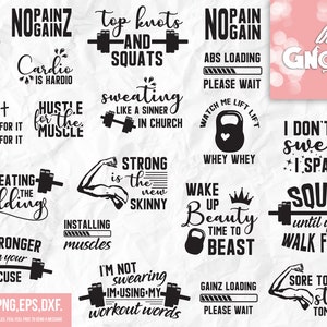 Może przedstawiać: Kolekcja czarno-białych grafik o tematyce fitness z motywacyjnymi cytatami i frazami. Projekty obejmują hantle, kettlebells i tekst, np. "No Pain, No Gain" i "Squat until you walk funny."