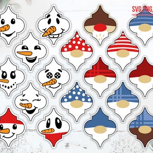 May include: A collection of decorative Christmas-themed cutouts. The designs include smiling snowmen with carrot noses and gnomes with various hat patterns, such as polka dots and stripes. The cutouts are in a variety of colors, including white, red, blue, and brown.