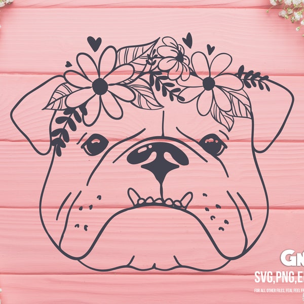 English Bulldog Flower Crown SVG, Flower Crown English Bulldog svg,English Bulldog cut file,English Bulldog Floral svg,Dog svg, Flower Crown