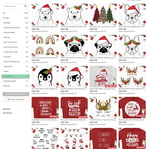 May include: A collection of Christmas-themed SVG designs, including polar bears, penguins, pugs, and bulldogs wearing Santa hats and holly. Other designs feature Christmas trees, rainbows, and text like "Snowflakes are kisses from heaven" and "Too cute to wear ugly sweaters."