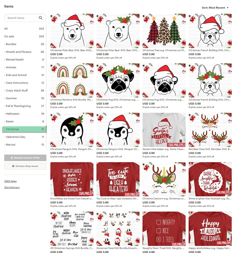 May include: A collection of Christmas-themed SVG designs, including polar bears, penguins, pugs, and bulldogs wearing Santa hats and holly. Other designs feature Christmas trees, rainbows, and text like "Snowflakes are kisses from heaven" and "Too cute to wear ugly sweaters."