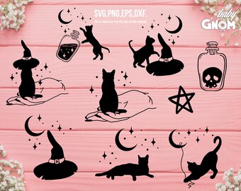 Könnte beinhalten: Schwarze digitale Illustrationen zum Thema Halloween mit Katzen, Hexenhüten, Zaubertränken, Monden und Sternen. Das Bild enthält den Text "SVG, PNG, EPS, DXF" und "FOR ALL OTHER FILES, FEEL FREE TO SEND A MESSAGE."