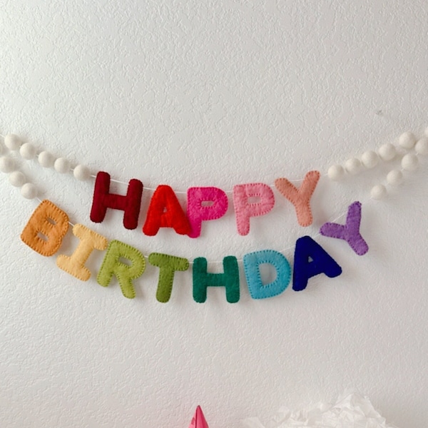 Happy Birthday Banner; Birthday Garland, Birthday Decor, Felt Alphabets, Felt Banner, Neutral Birthday Decoration Banner, POM POM Garland