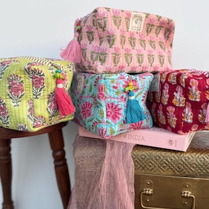Hand Block Printed Cotton Quilted Makeup Bag: Travel Cosmetic Organizer