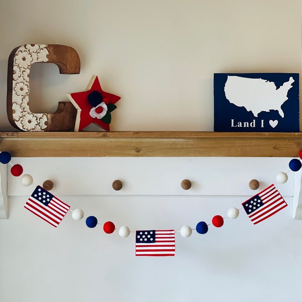 4th of July Felt Garland, USA Flag Felt Garland, American Flag Felt Garland, Red White Blue Garland, July 4th Garland, Patriotic USA Garland