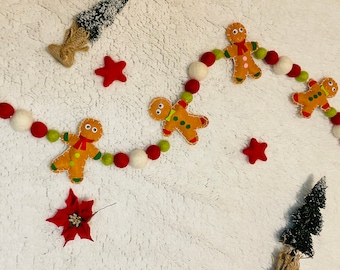 Gingerbread Garland, Christmas Garland, Felt Ball Christmas Garland, Christmas Decor, Mantel Decor, Gingerbread Man Decor