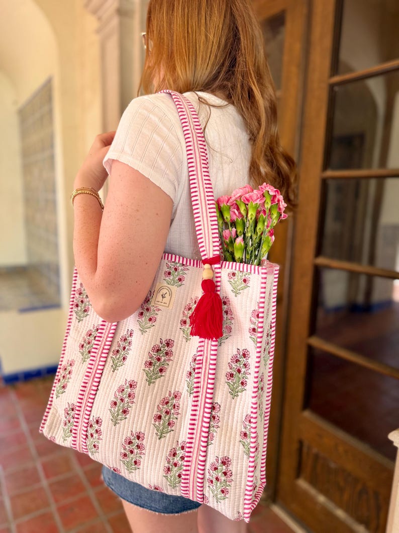 Hand Block Printed Cotton Quilted Tote Bag, Boho Floral Shopping and — free download