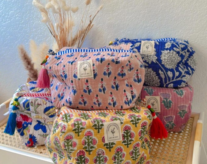 Hand Block Printed Cotton Quilted Makeup Bag: Travel Cosmetic Organizer