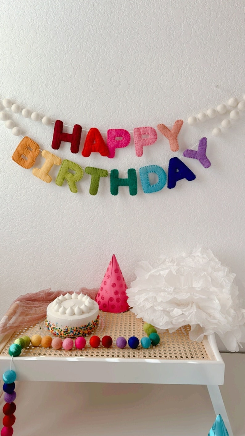 Happy Birthday Banner; Birthday Garland, Birthday Decor, Felt Alphabets, Felt Banner, Neutral Birthday Decoration Banner, POM POM Garland