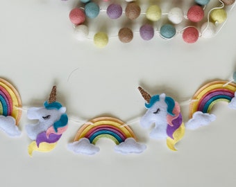 Rainbow Unicorn Garland, Unicorns, Rainbow,  Nursery Decor, FELT Garland, Wall Hanging, Girls Room, Pastel