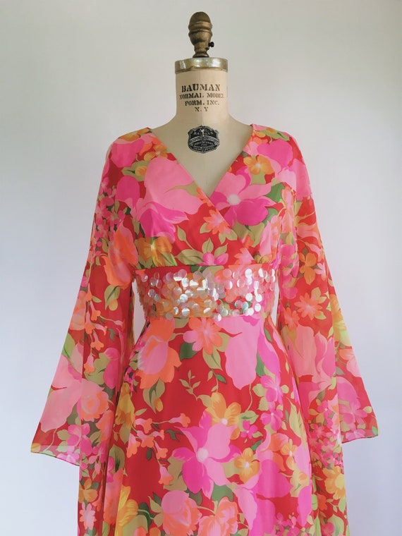 Floral Chiffon 60s Sequin Kimono Angel Sleeve Dres