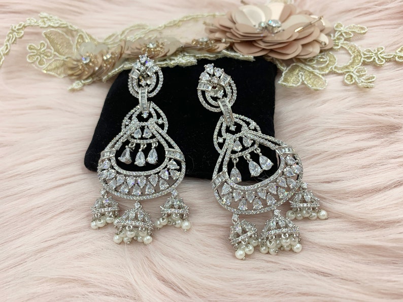CZ Earrings Silver Cubic Zirconia Earrings CZ Earrings with Small Dangling Jhumkis AD Silver Earrings Silver Plated Lightweight