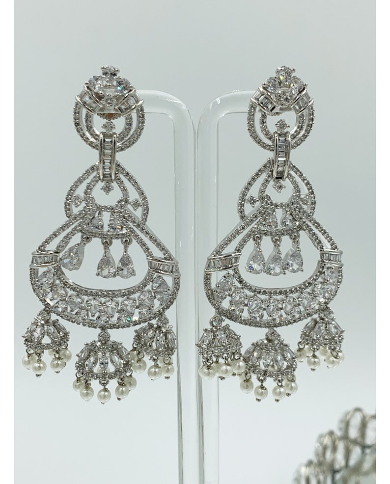 CZ Earrings Silver Cubic Zirconia Earrings CZ Earrings with Small Dangling Jhumkis AD Silver Earrings Silver Plated Lightweight