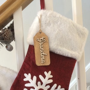Personalised Christmas Stocking Red White Faux Fur Trim  3D Wooden Name Tag Reindeer Snowflake Christmas Tree Christmas Eve Sock Large 46cm