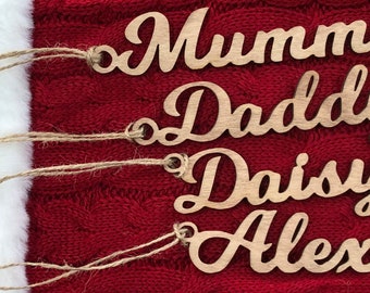 Personalized Light Oak Christmas Stocking Tag with Hanging String: Wooden Name Decoration