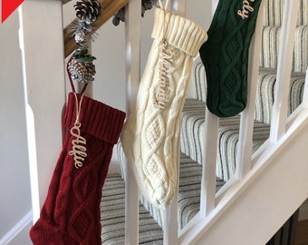 Large 46cm Christmas Stocking with Personalised Wooden Name Large Knitted Hanging Sock Name Christmas Tree Decoration Gift Tag Tree Ornament