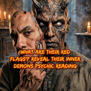 May include: A digitally altered image depicts a person holding a mask revealing a demonic face. The text overlay reads "WHAT ARE THEIR RED FLAGS? REVEAL THEIR INNER DEMONS PSYCHIC READING". The image has a dark, ominous theme.