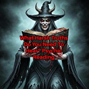 May include: Digital artwork depicting a witch with a wicked grin, red eyes, and a black hat, clutching a blood-covered book. The book displays the text: "What Harsh Truths Do You Need To Hear? Psychic Reading."