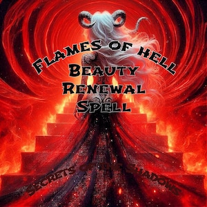 May include: Digital art featuring a figure with white hair and horns, standing on a staircase engulfed in flames. The text "Flames of Hell Beauty Renewal Spell" is prominently displayed, with "Secrets of Shadows" at the bottom. The overall theme is mystical and dark.