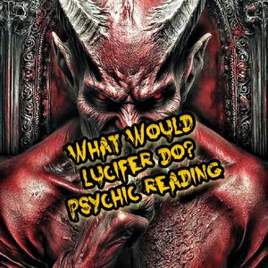Pode incluir: Ilustração digital de um demônio vermelho com grandes chifres e olhos vermelhos brilhantes. A imagem apresenta o texto "WHAT WOULD LUCIFER DO? PSYCHIC READING" em amarelo, sugerindo um tema de adivinhação ou orientação espiritual.