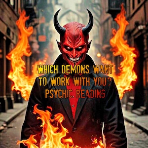 Puede incluir: Ilustración digital de un demonio rojo con cuernos negros, vistiendo un traje negro y una camisa roja, rodeado de llamas. El texto dice: "¿QUÉ DEMONIOS QUIEREN TRABAJAR CONTIGO? LECTURA PSÍQUICA."