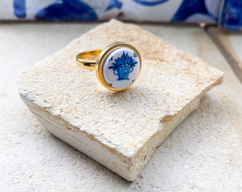 Stainless Steel Gold Ring with Portuguese Delft Tiles, Portuguese Ring, Trendy Rings, Hypoallergenic, Teenage Girl Gifts