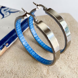 Stainless Steel Hoop Earrings with Portuguese Tiles Replica, Blue and White Tile Earrings, Big Hoops, Trending Now