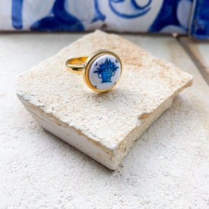 Stainless Steel Gold Ring with Portuguese Delft Tiles, Portuguese Ring, Trendy Rings, Hypoallergenic, Teenage Girl Gifts